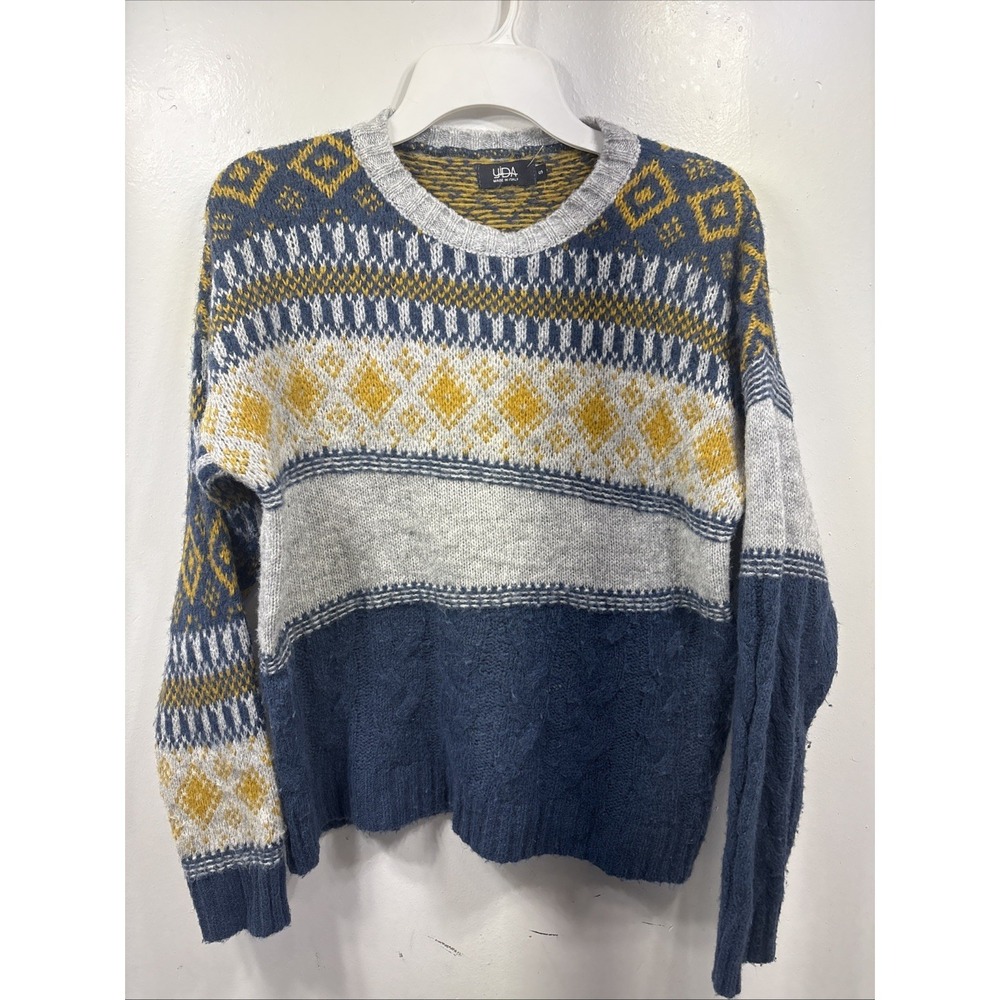 YIDA Made In Italy Wool Sweater Blue Yellow Pattern Geometric Size Small